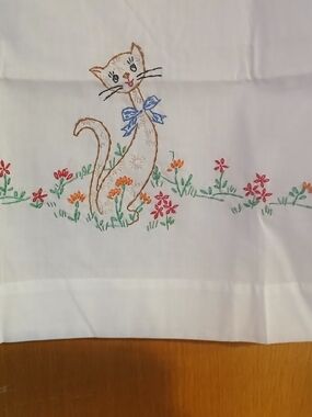Embroidered Cat Pillowcases in White with Blue Bow